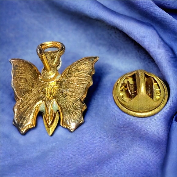 Vintage Guardian Angel Butterfly Lapel Pinback Pin Gold Tone Rhinestone Enamel - Picture 4 of 4
